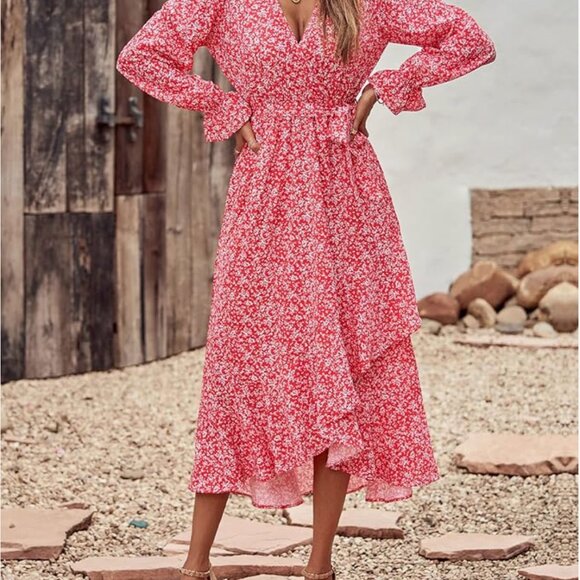 NEW Womens Dress 2025 V Neck Floral Ruffle Wedding Cocktail Boho Long Sleeve - Picture 2 of 13